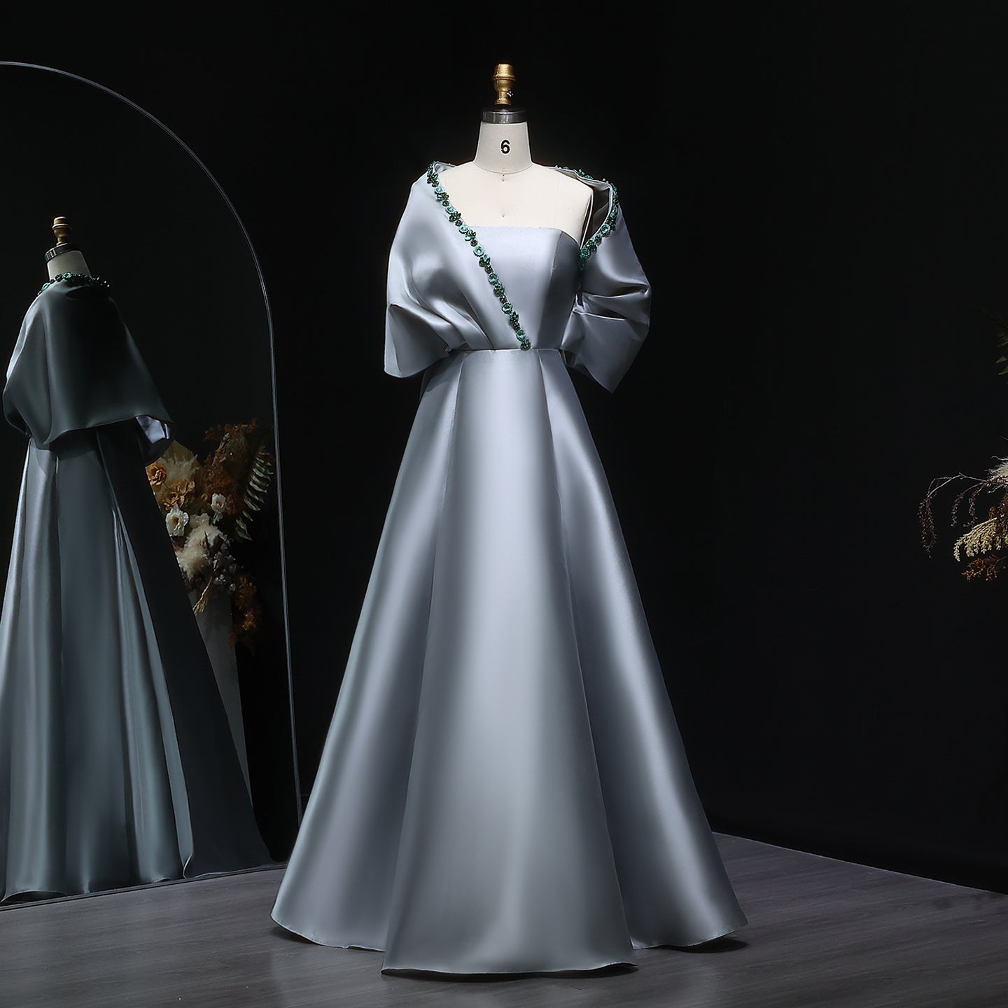 Luxury Crystal Green Evening Dress with Cap and Overskirt SS577