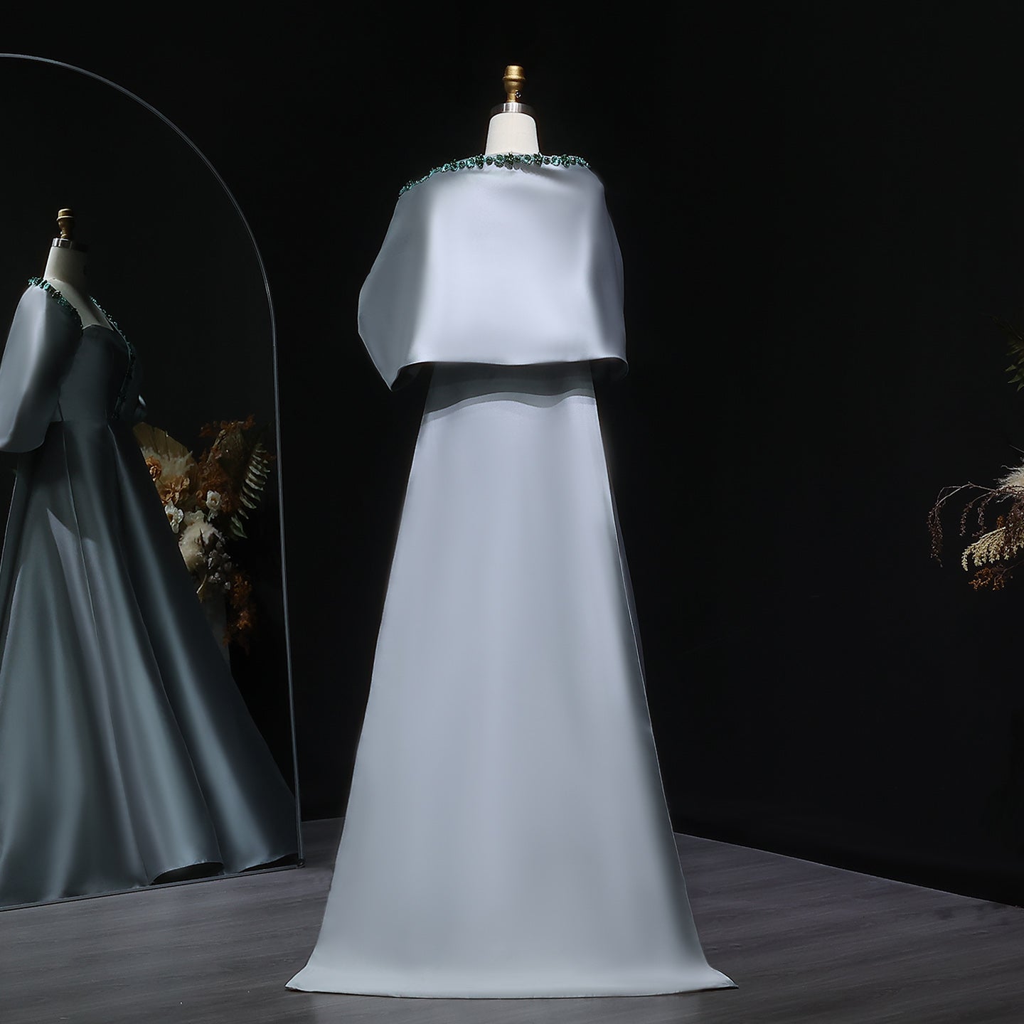 Luxury Crystal Green Evening Dress with Cap and Overskirt SS577