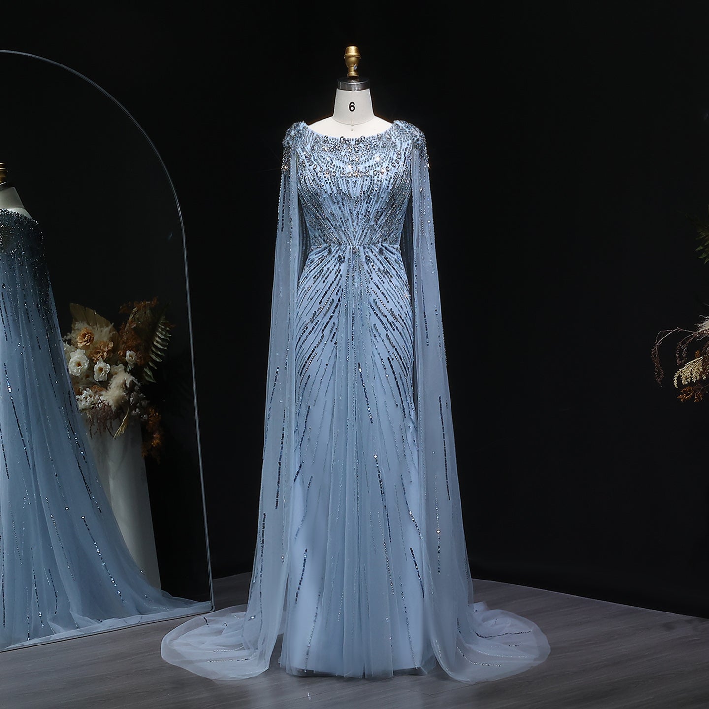 Luxury Crystal Lilac Evening Dress with Cape Sleeves SS549  Blue / US 20