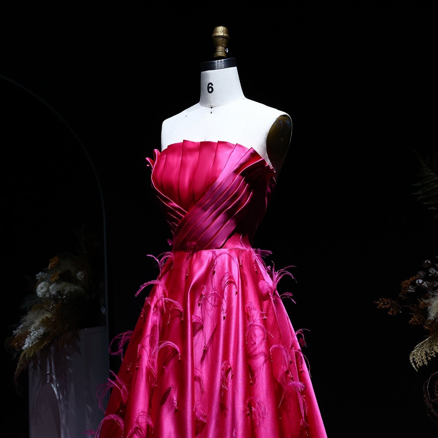 Elegant Strapless Fuchsia Satin Evening Dress with Feathers SS569