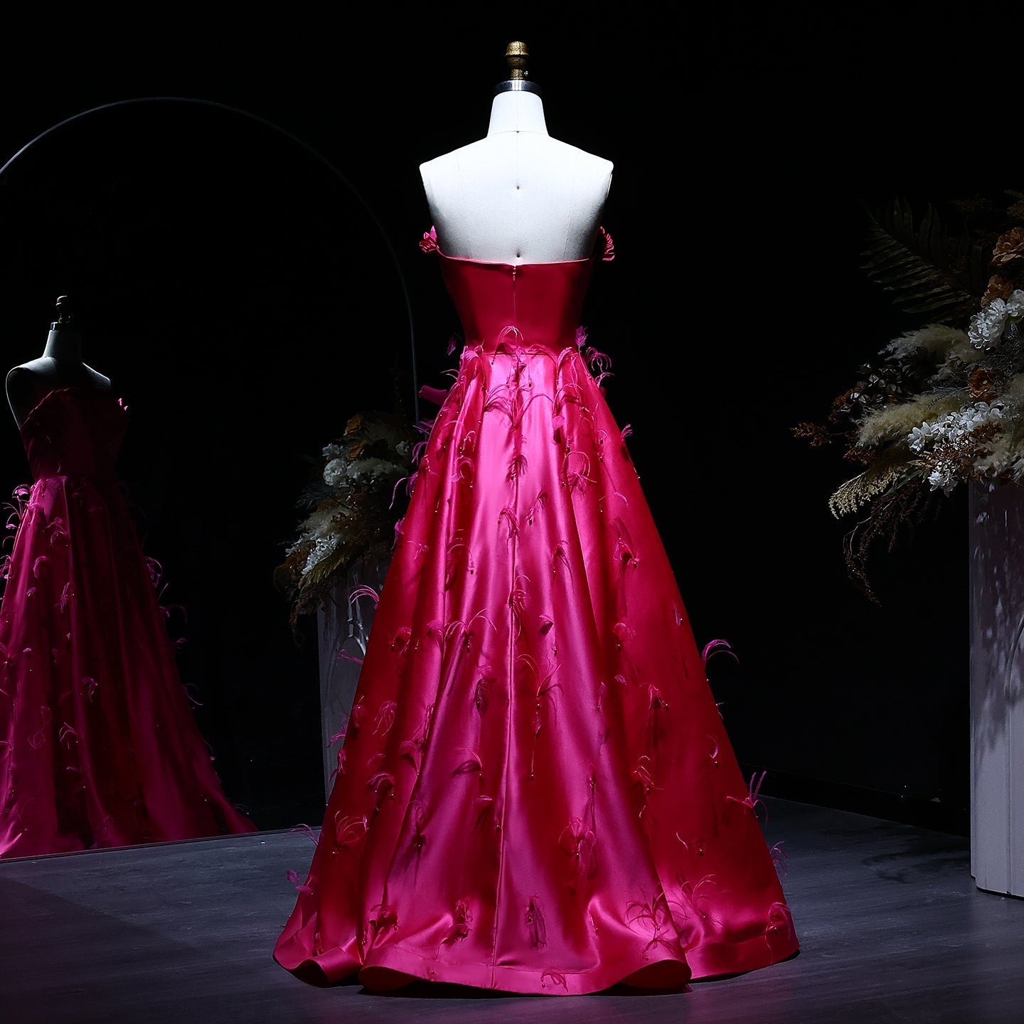 Elegant Strapless Fuchsia Satin Evening Dress with Feathers SS569