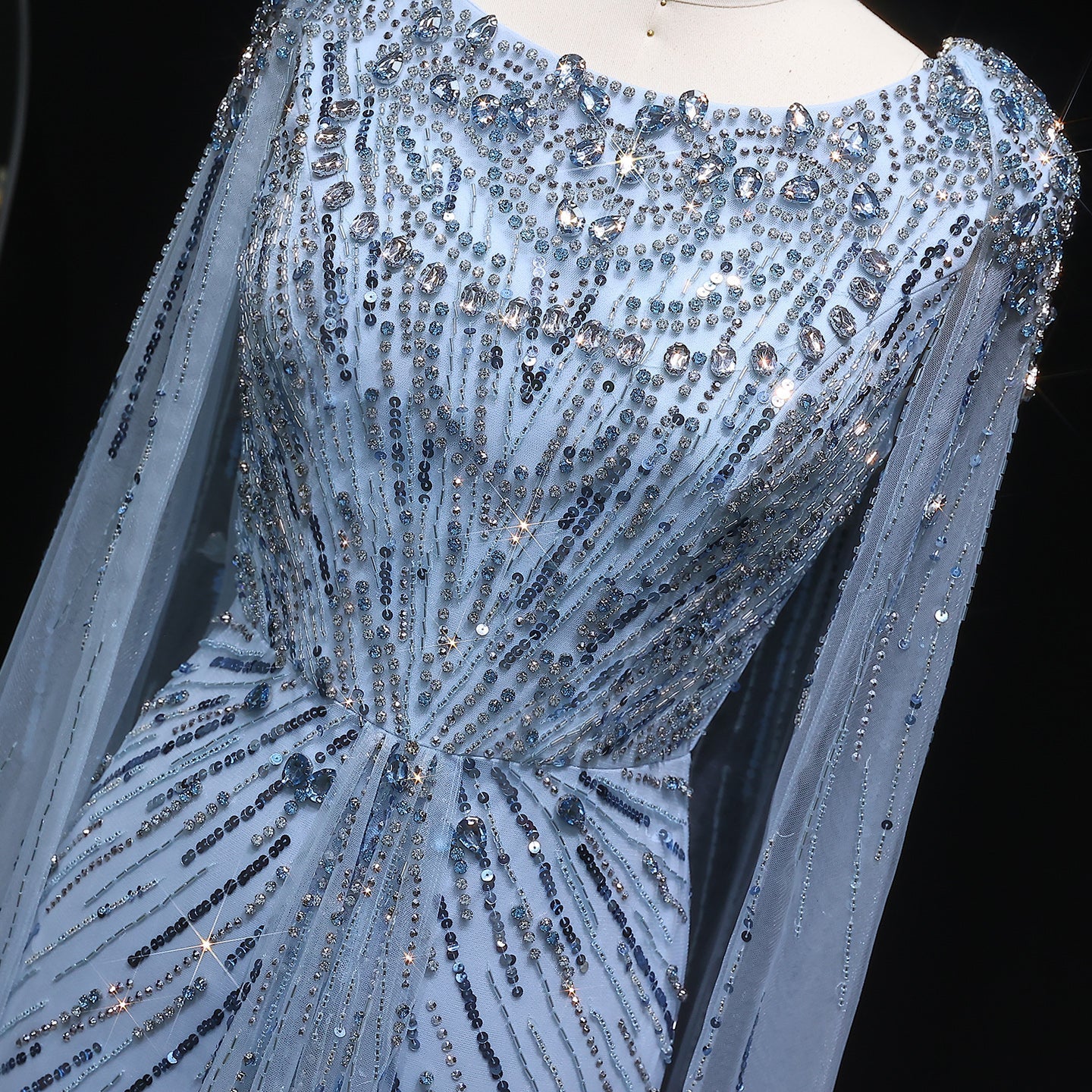 Luxury Crystal Lilac Evening Dress with Cape Sleeves SS549