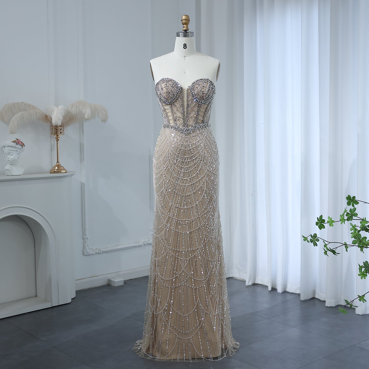 Luxury Crystal Nude Strapless Evening Dress SS619