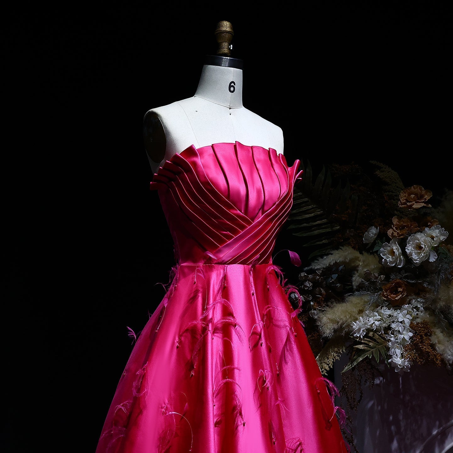 Elegant Strapless Fuchsia Satin Evening Dress with Feathers SS569