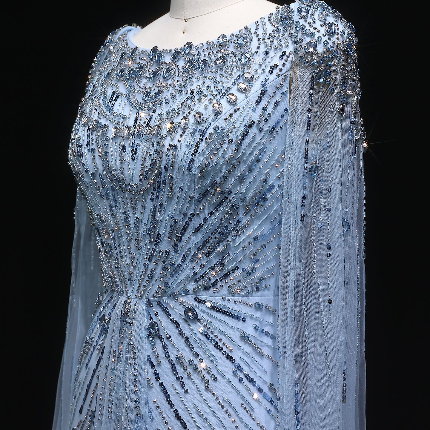 Luxury Crystal Lilac Evening Dress with Cape Sleeves SS549