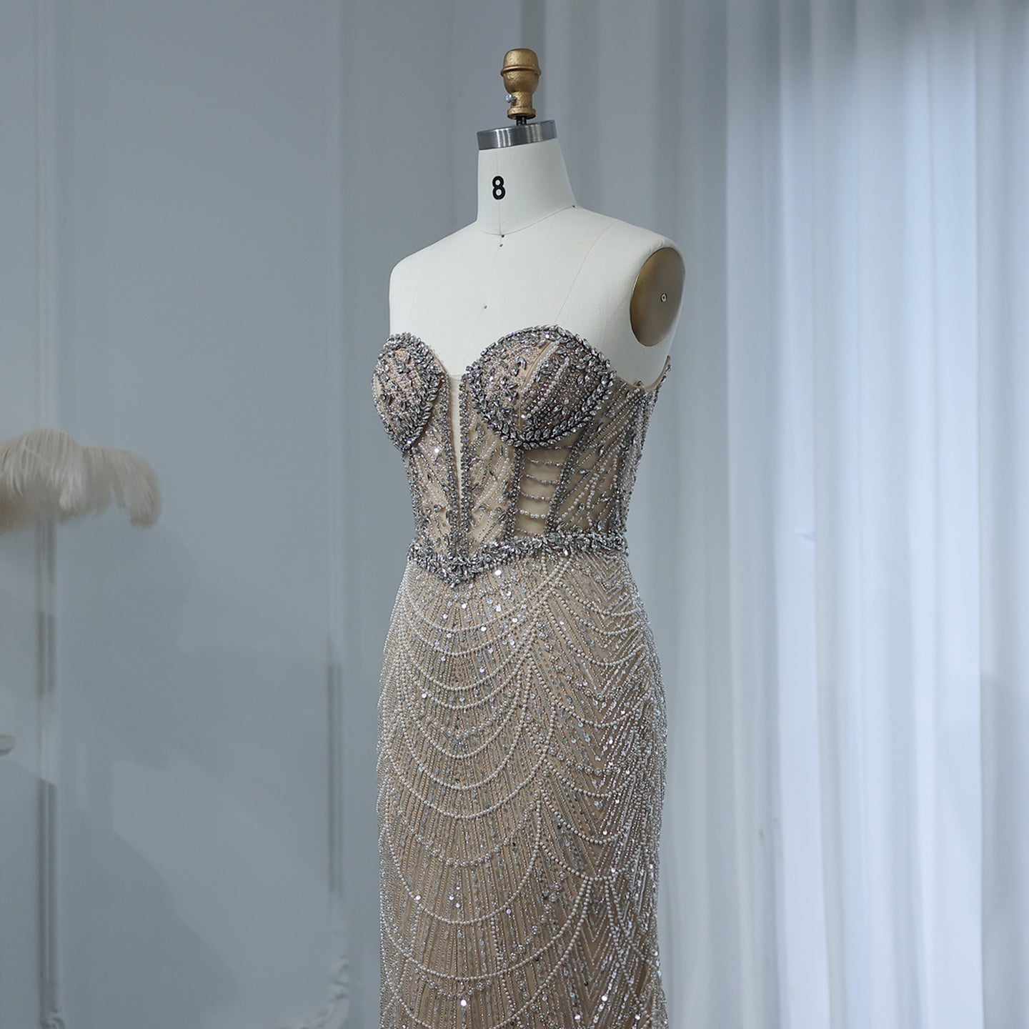 Luxury Crystal Nude Strapless Evening Dress SS619