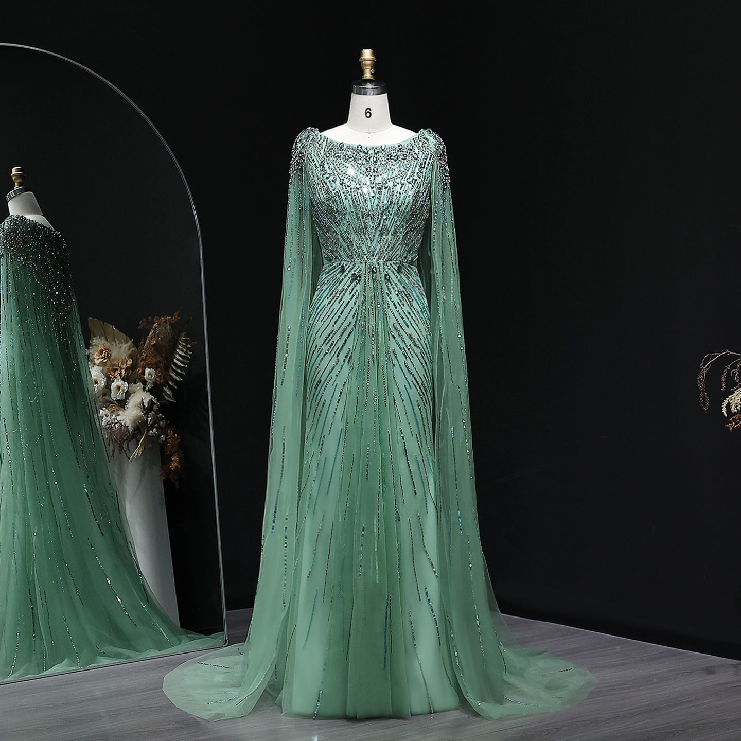 Luxury Crystal Lilac Evening Dress with Cape Sleeves SS549  Sage Green / US 20