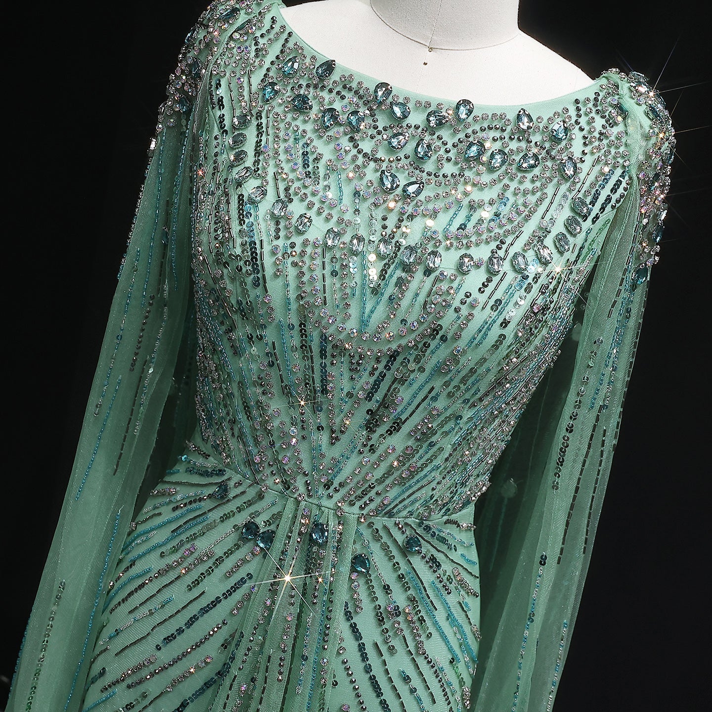 Luxury Crystal Lilac Evening Dress with Cape Sleeves SS549