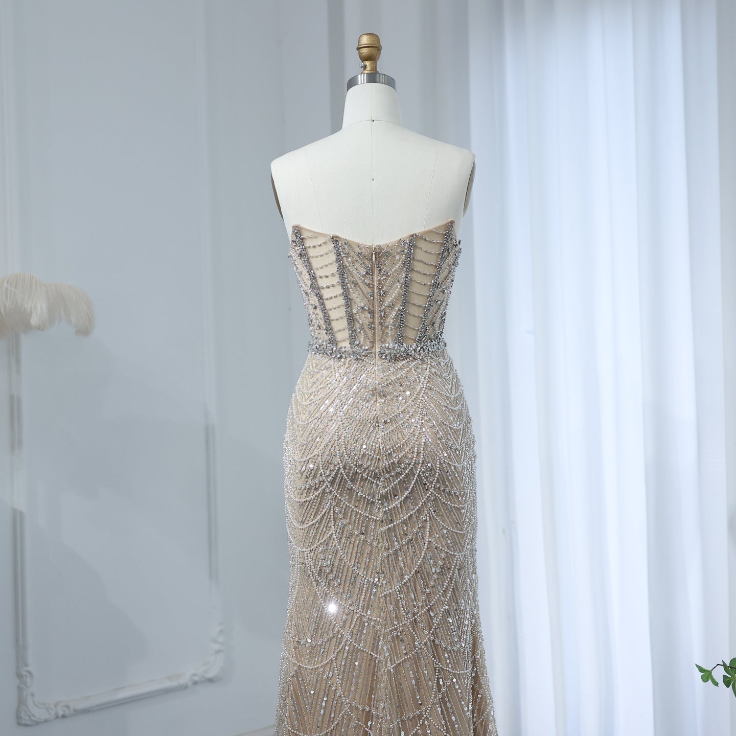 Luxury Crystal Nude Strapless Evening Dress SS619