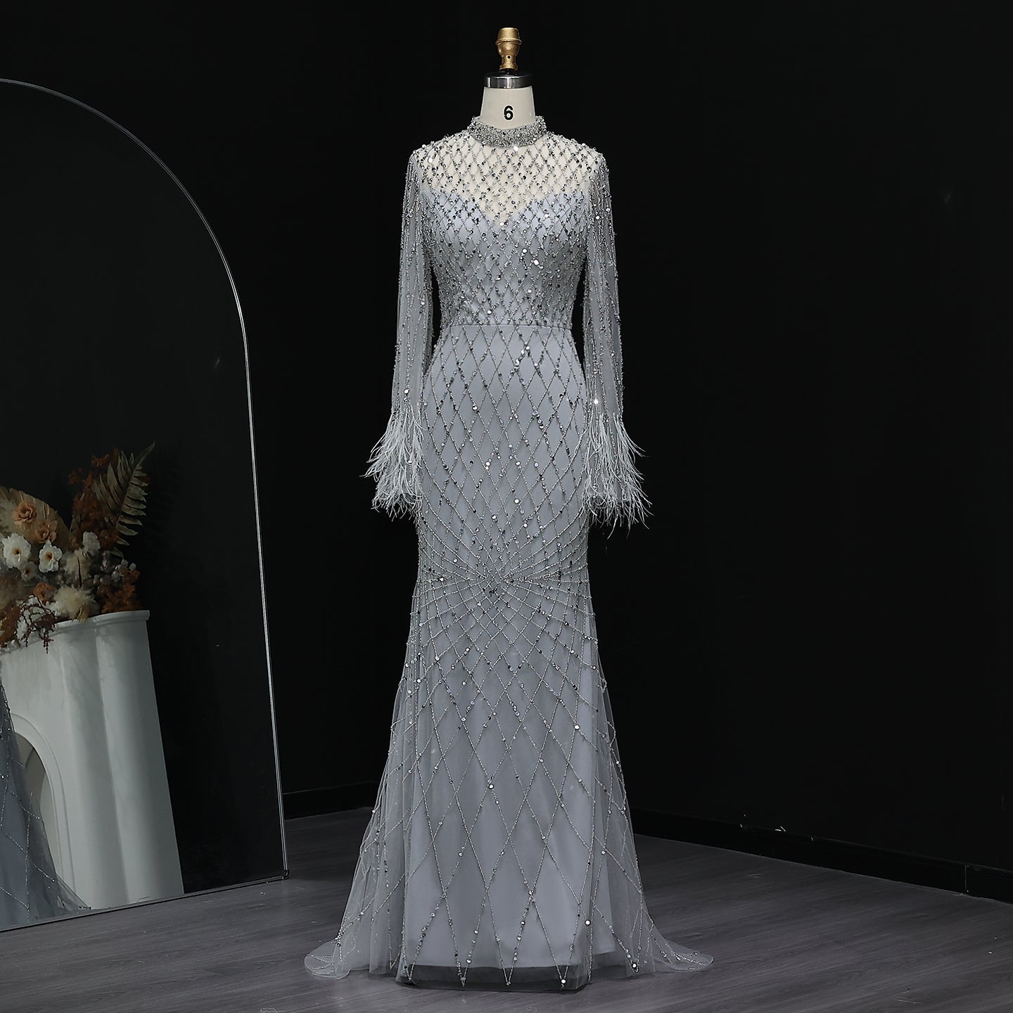 Luxury Feathers Long Sleeves High Neck Evening Dress SS144  Gray / US 18
