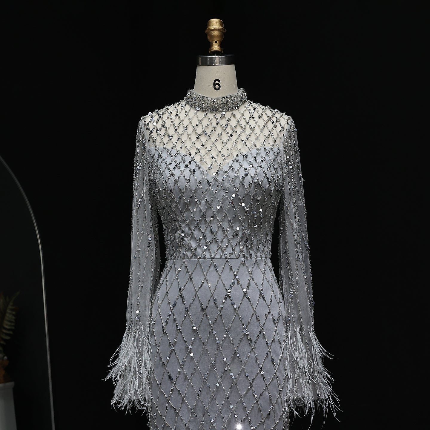 Luxury Feathers Long Sleeves High Neck Evening Dress SS144