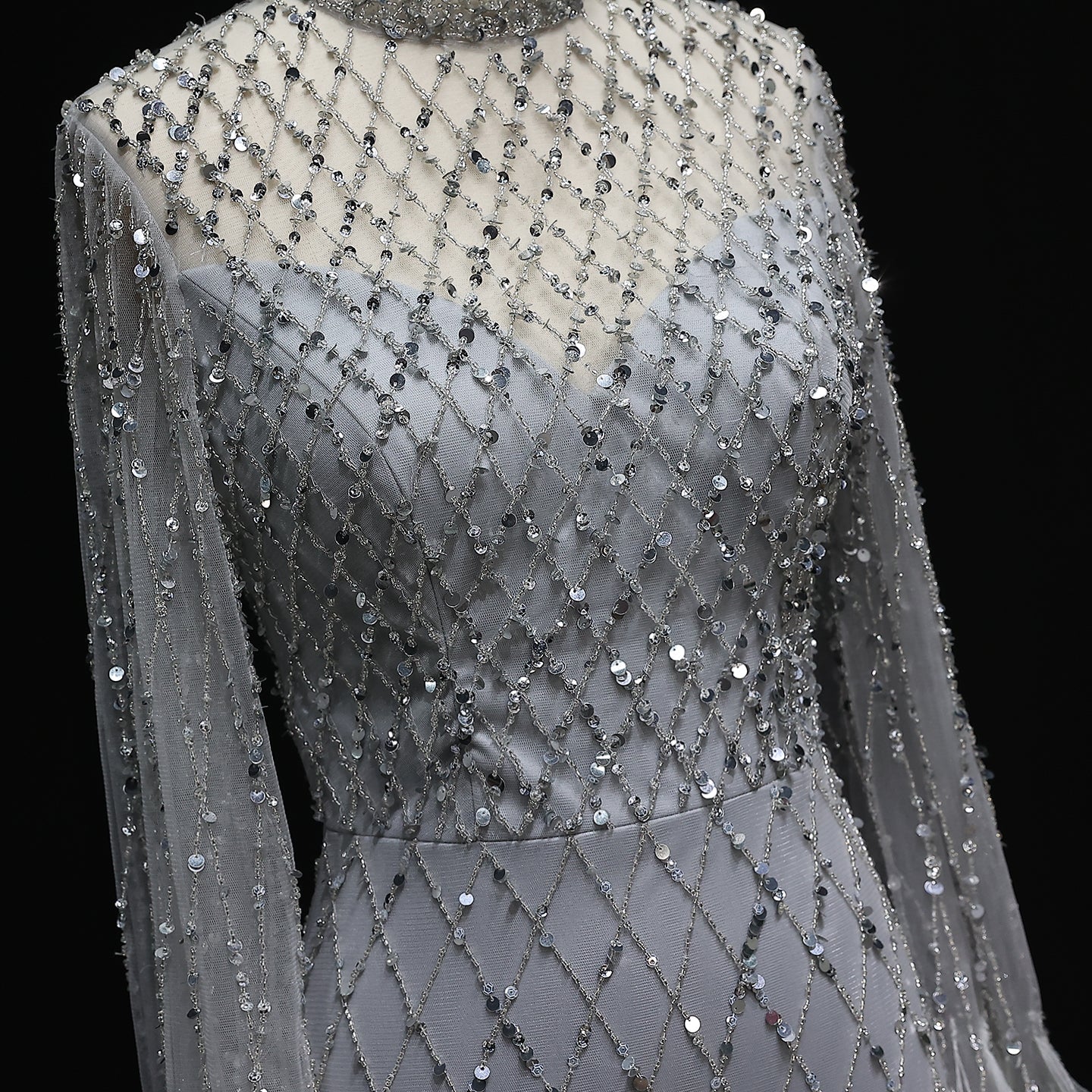 Luxury Feathers Long Sleeves High Neck Evening Dress SS144