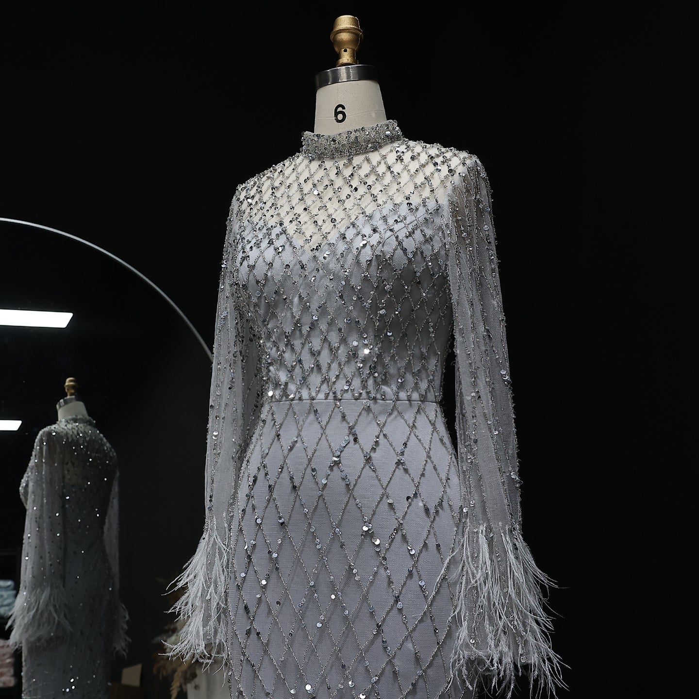 Luxury Feathers Long Sleeves High Neck Evening Dress SS144