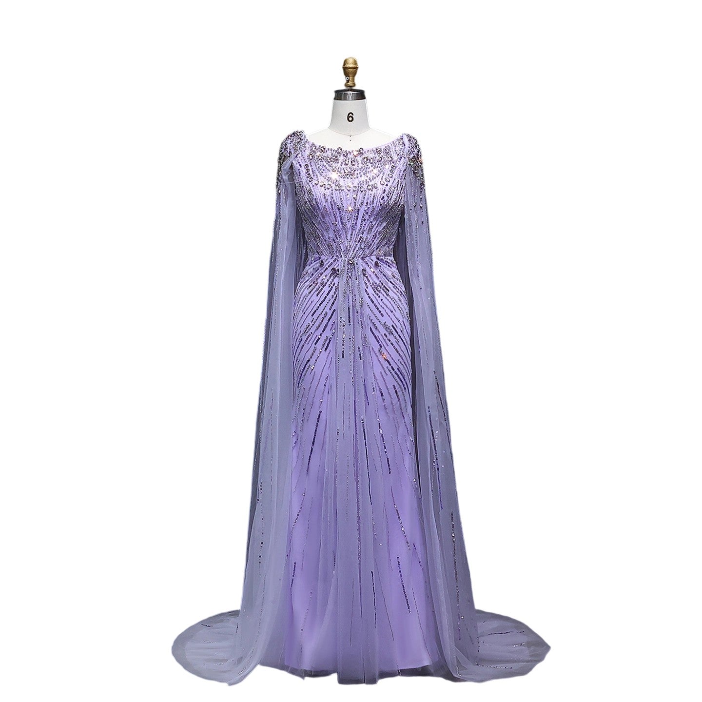 Luxury Crystal Lilac Evening Dress with Cape Sleeves SS549