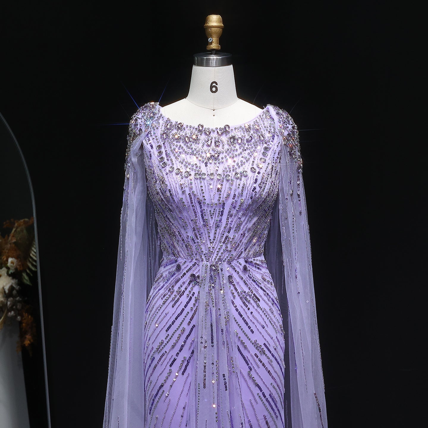 Luxury Crystal Lilac Evening Dress with Cape Sleeves SS549
