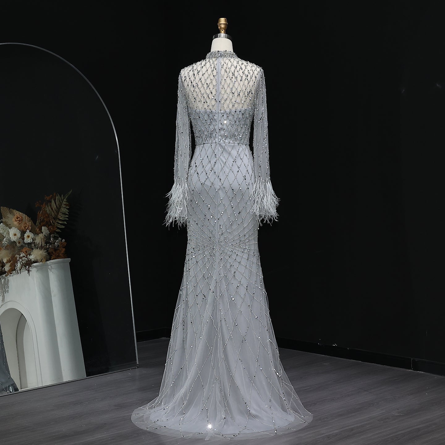 Luxury Feathers Long Sleeves High Neck Evening Dress SS144