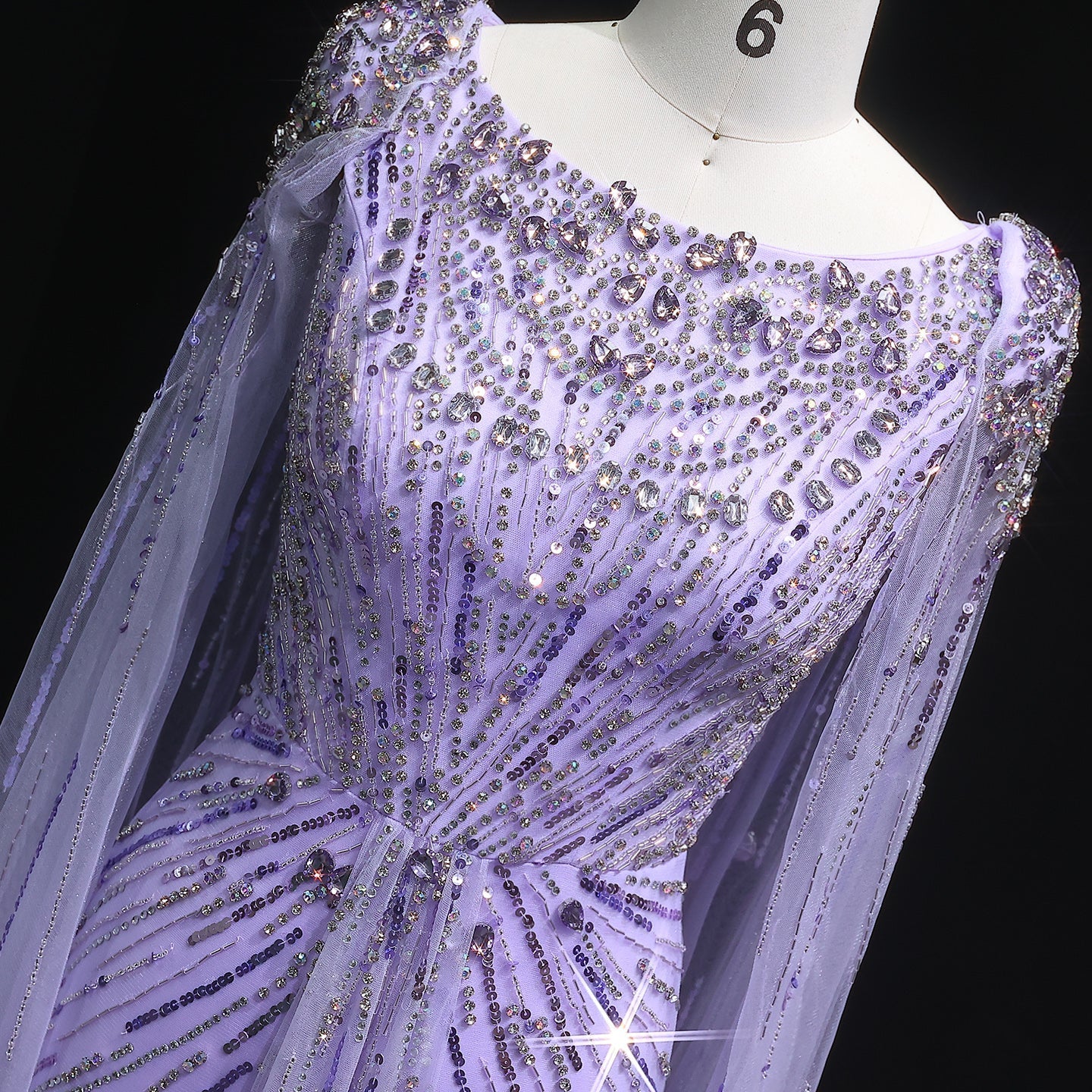 Luxury Crystal Lilac Evening Dress with Cape Sleeves SS549