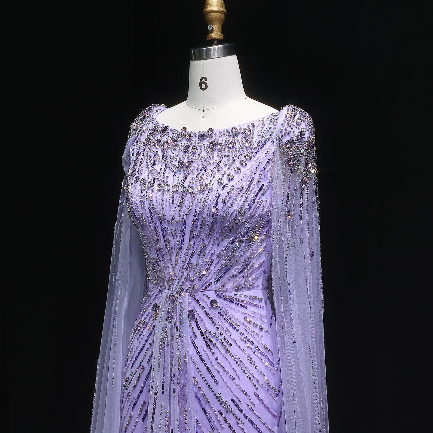 Luxury Crystal Lilac Evening Dress with Cape Sleeves SS549