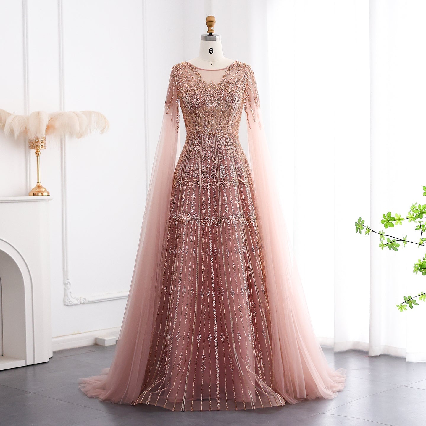 Luxury Blue Evening Dress with Cape Sleeves SS001  Pink / US 20