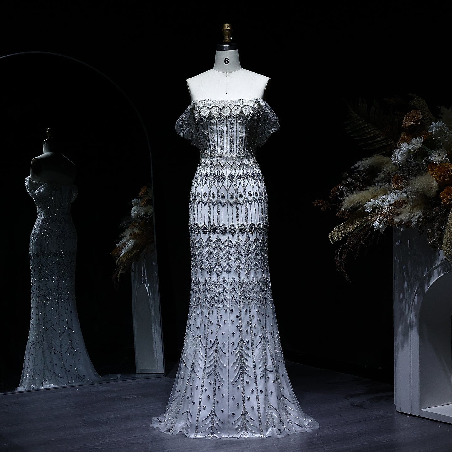 Luxury White Beaded Short Sleeves Evening Dress SS291