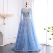 Luxury Blue Evening Dress with Cape Sleeves SS001  Blue / US 20