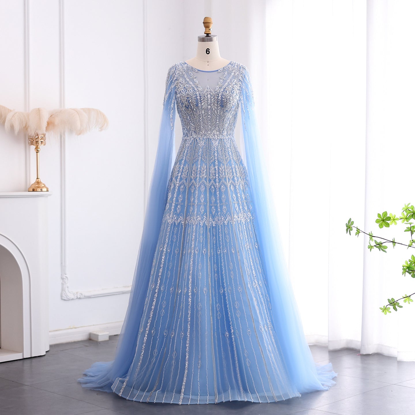 Luxury Blue Evening Dress with Cape Sleeves SS001  Blue / US 20