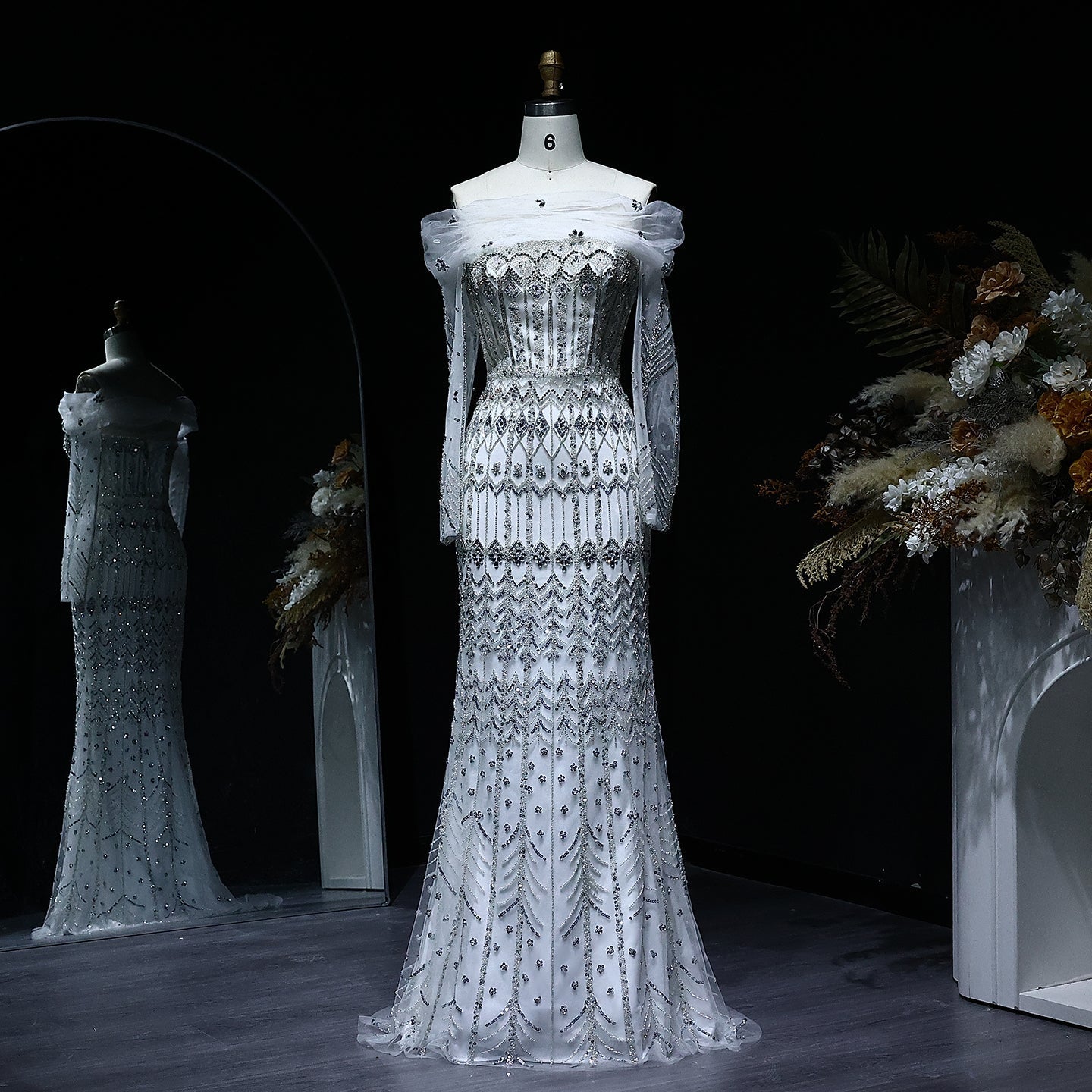 Luxury White Beaded Short Sleeves Evening Dress SS291  Off-Shoulder / US 16