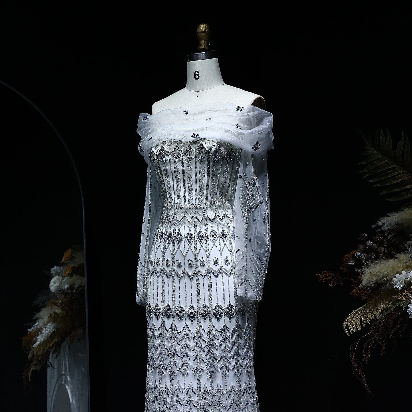 Luxury White Beaded Short Sleeves Evening Dress SS291