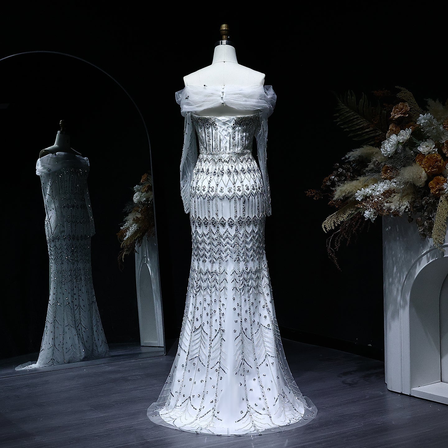 Luxury White Beaded Short Sleeves Evening Dress SS291