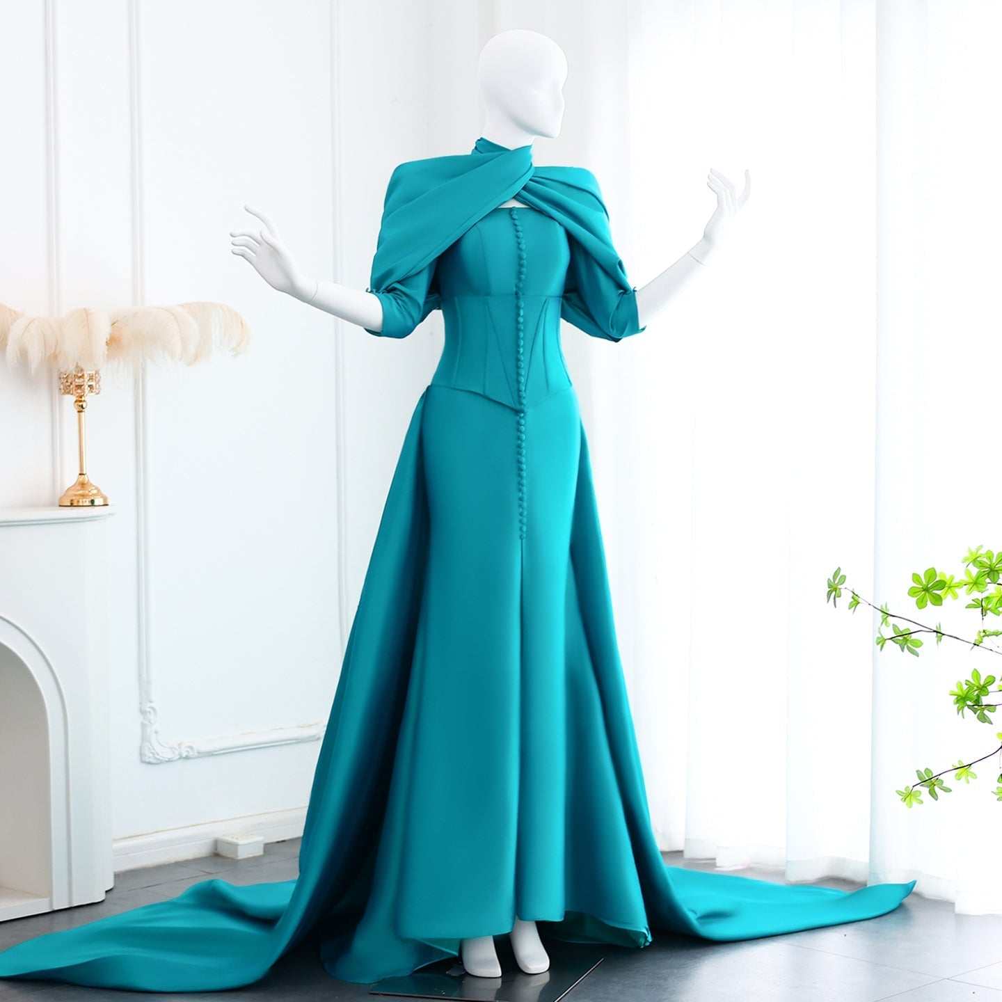 Fuchsia Mermaid Evening Dress with Overskirt Corset Long Sleeves SF030  Green / US 16