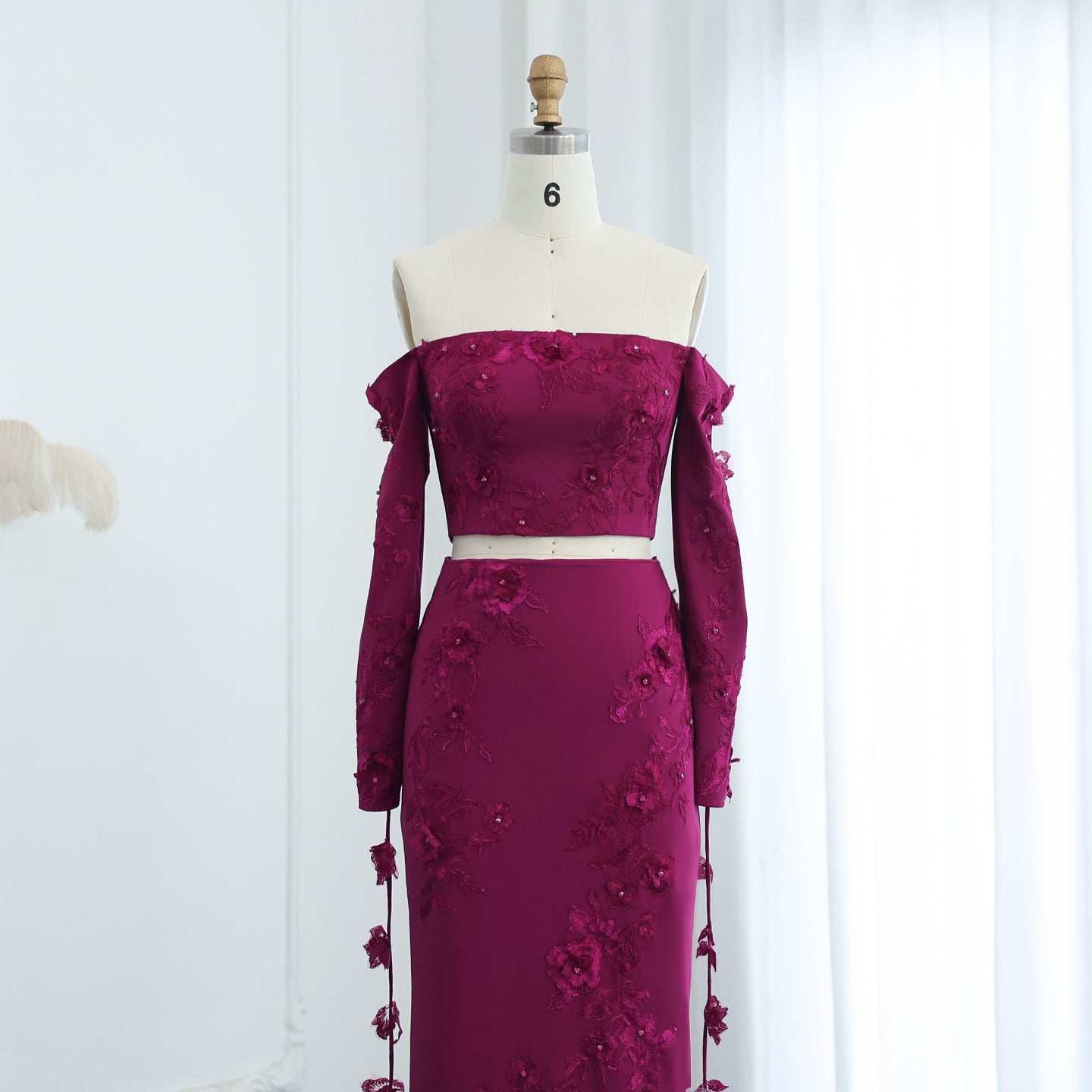 Elegant Off Shoulder Fuchsia Long Sleeves Evening Dress SS310