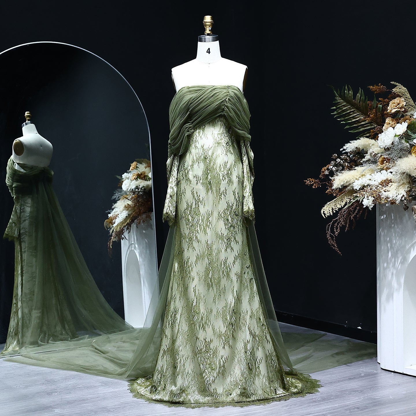 Elegant Green Off Shoulder Lace Evening Dress SF254  Green / US 16