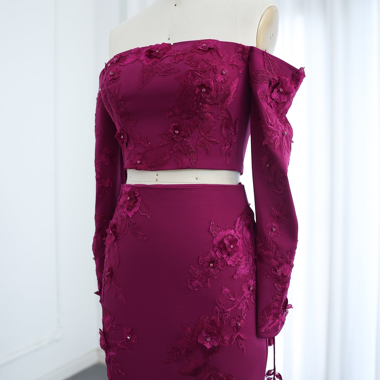 Elegant Off Shoulder Fuchsia Long Sleeves Evening Dress SS310
