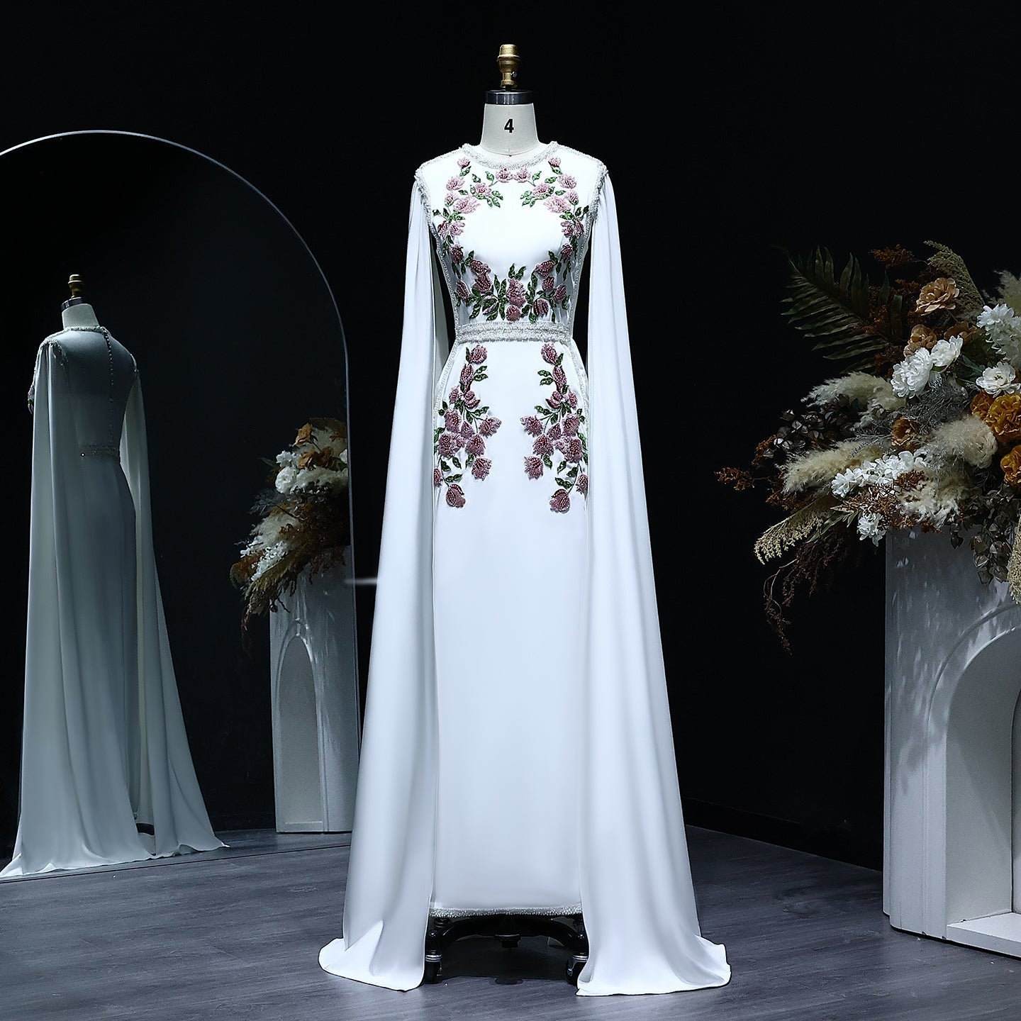 Luxury Embroidered Black Evening Dress with Cape Sleeves SS487  White / US 16