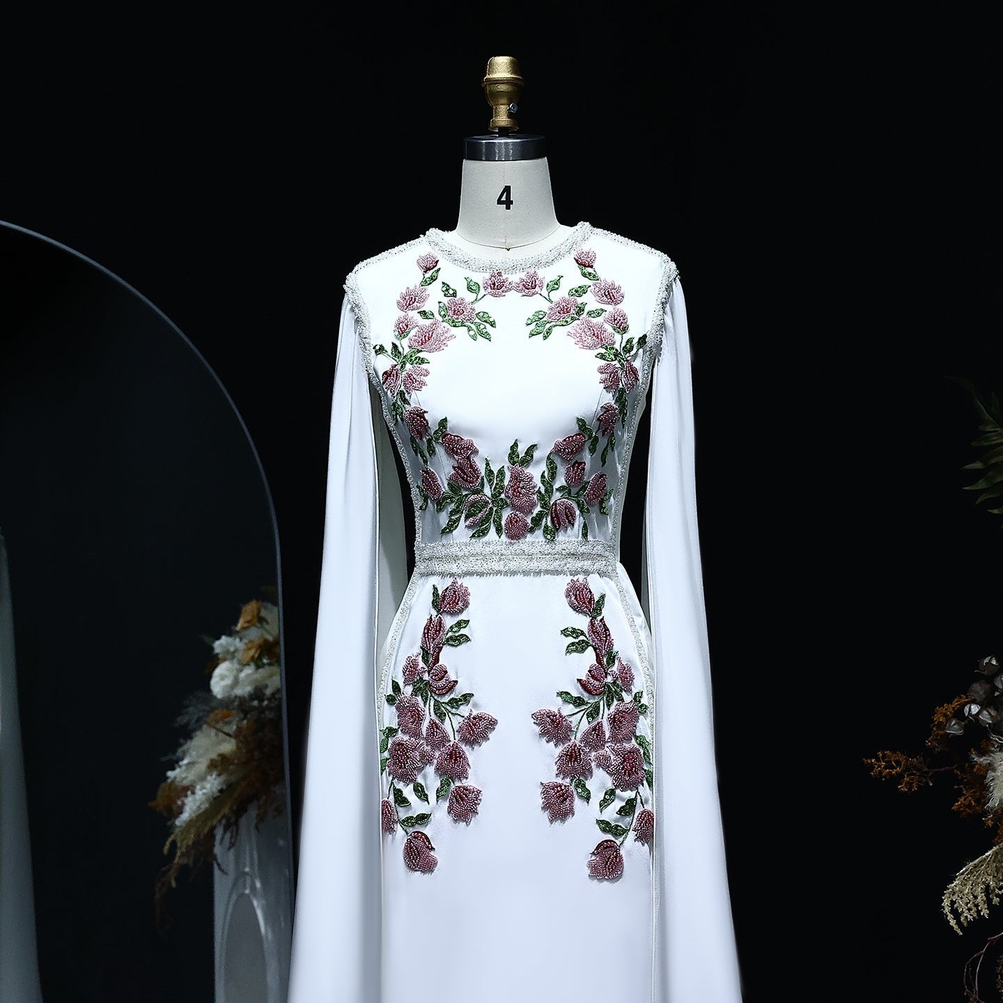 Luxury Embroidered Black Evening Dress with Cape Sleeves SS487