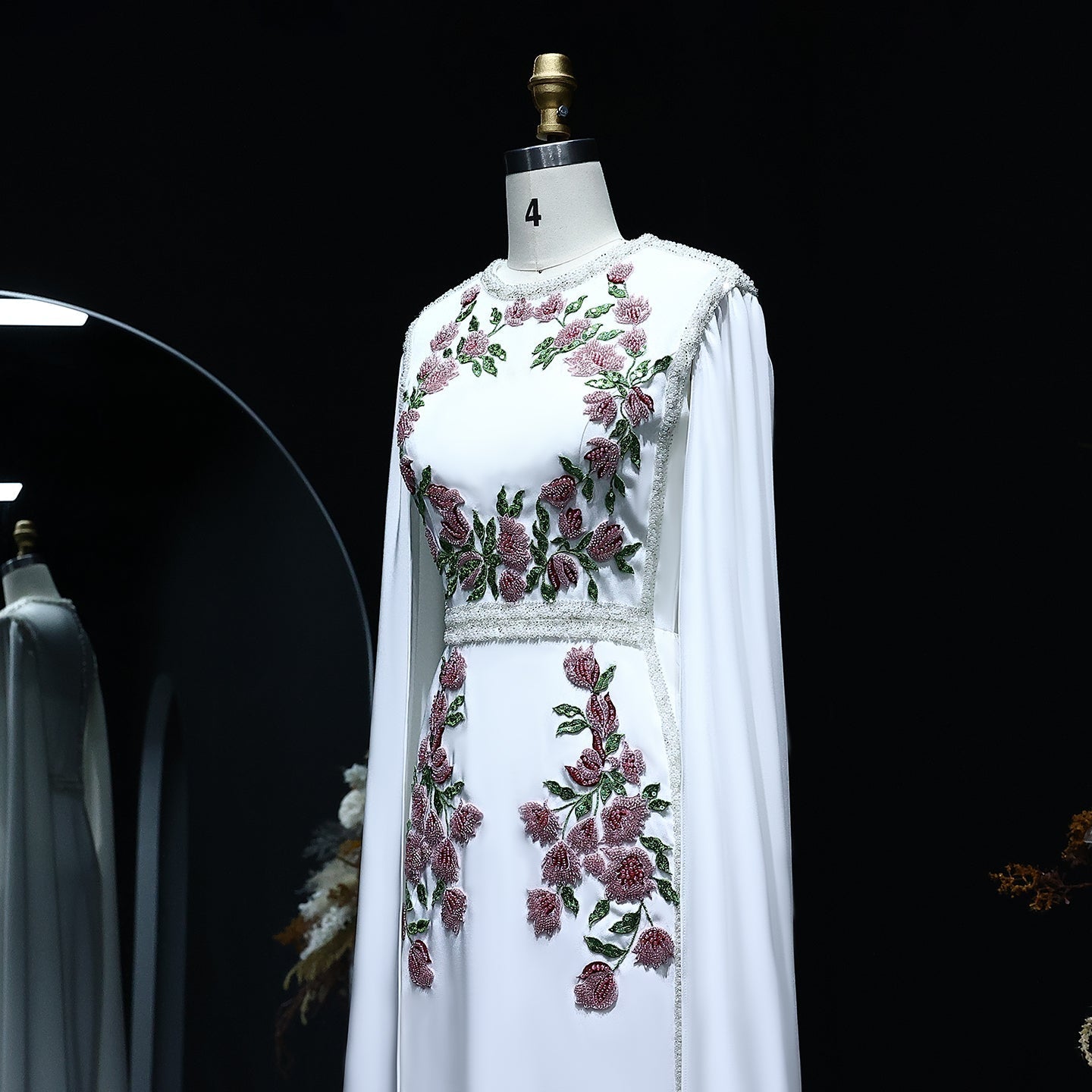 Luxury Embroidered Black Evening Dress with Cape Sleeves SS487