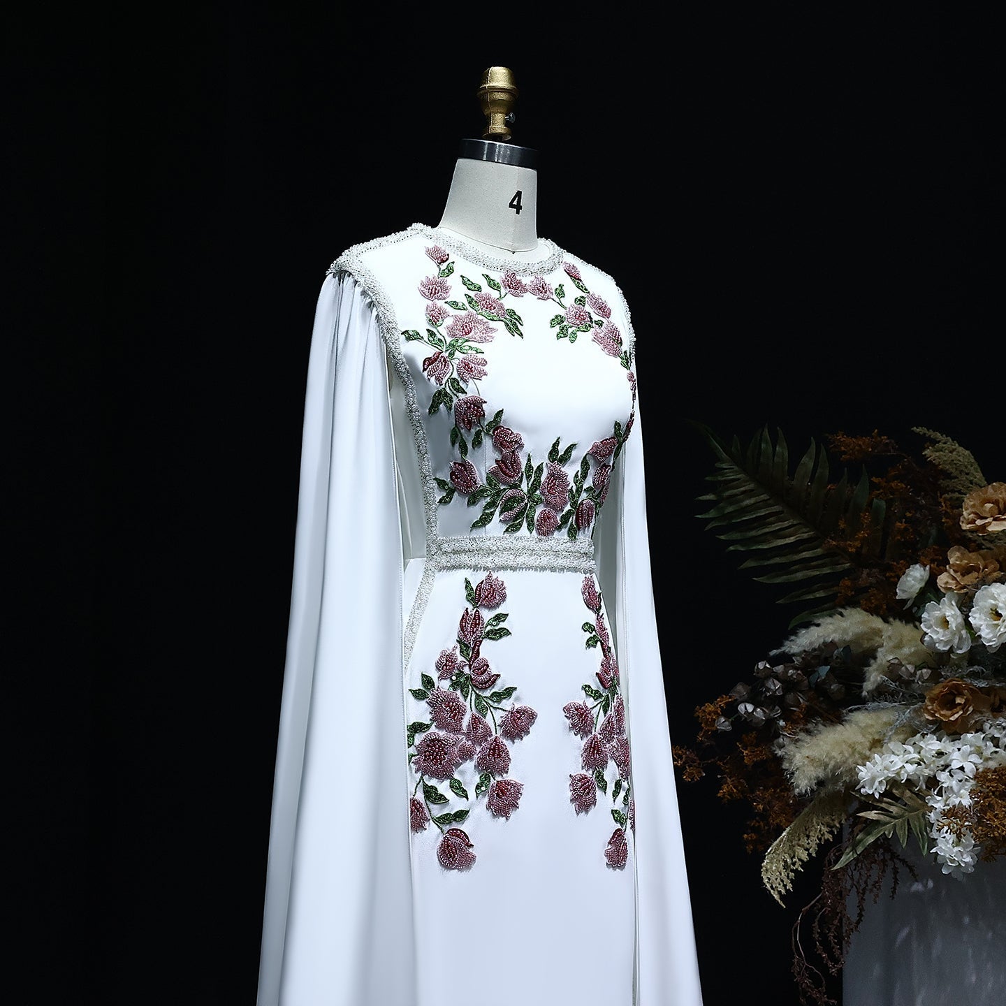 Luxury Embroidered Black Evening Dress with Cape Sleeves SS487