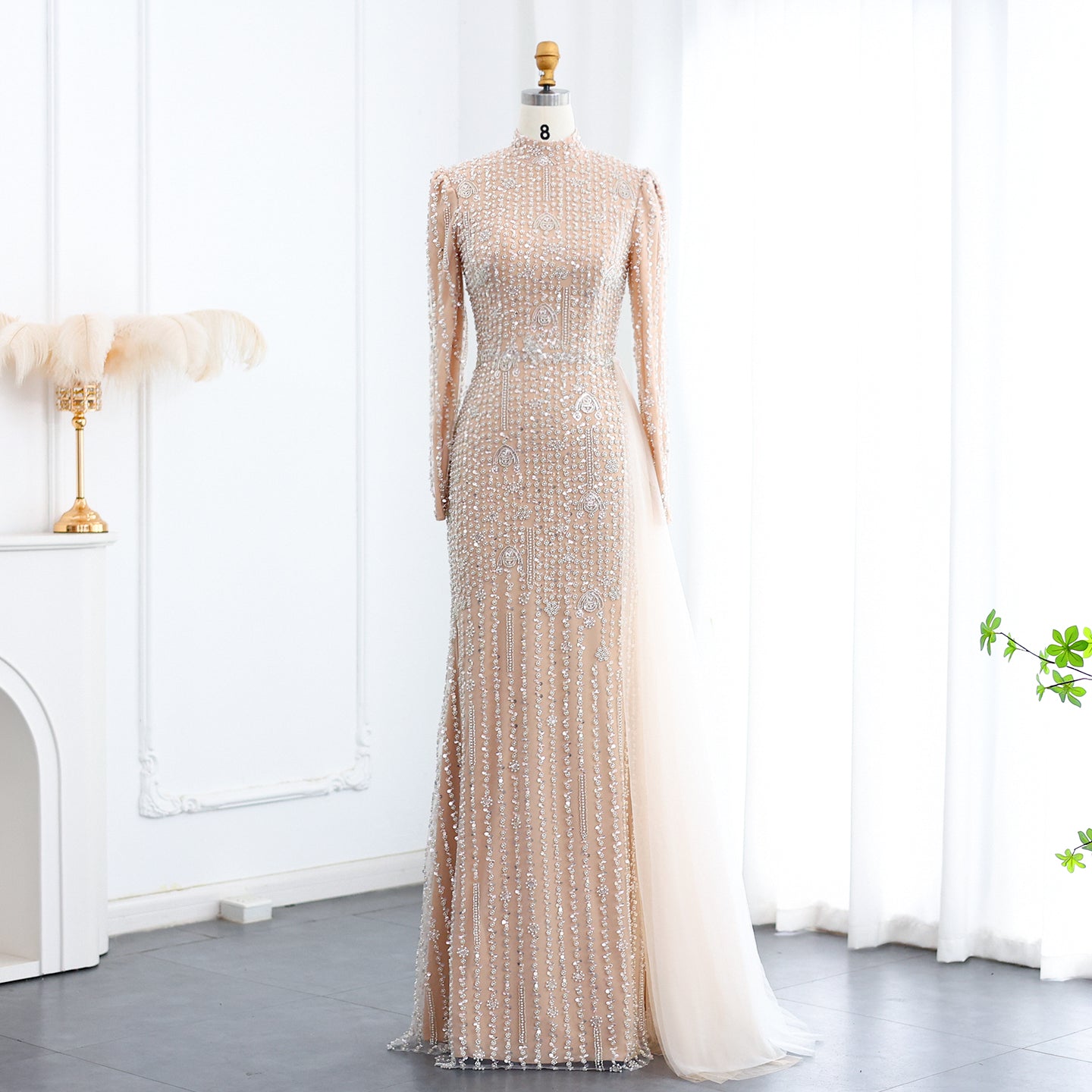 Luxury Long Sleeve Nude Evening Dress with Overskirt SS678  Beige / US 22