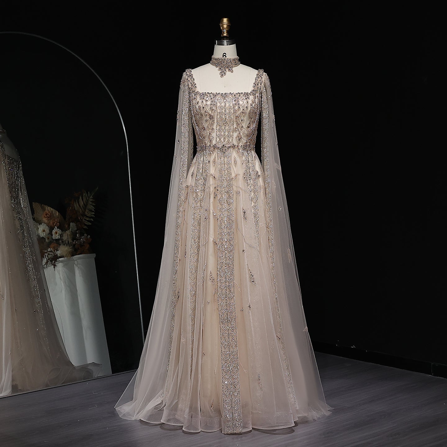 Luxury Nude Evening Dress with Cape Sleeves Chocker SS543  Beige / US 20