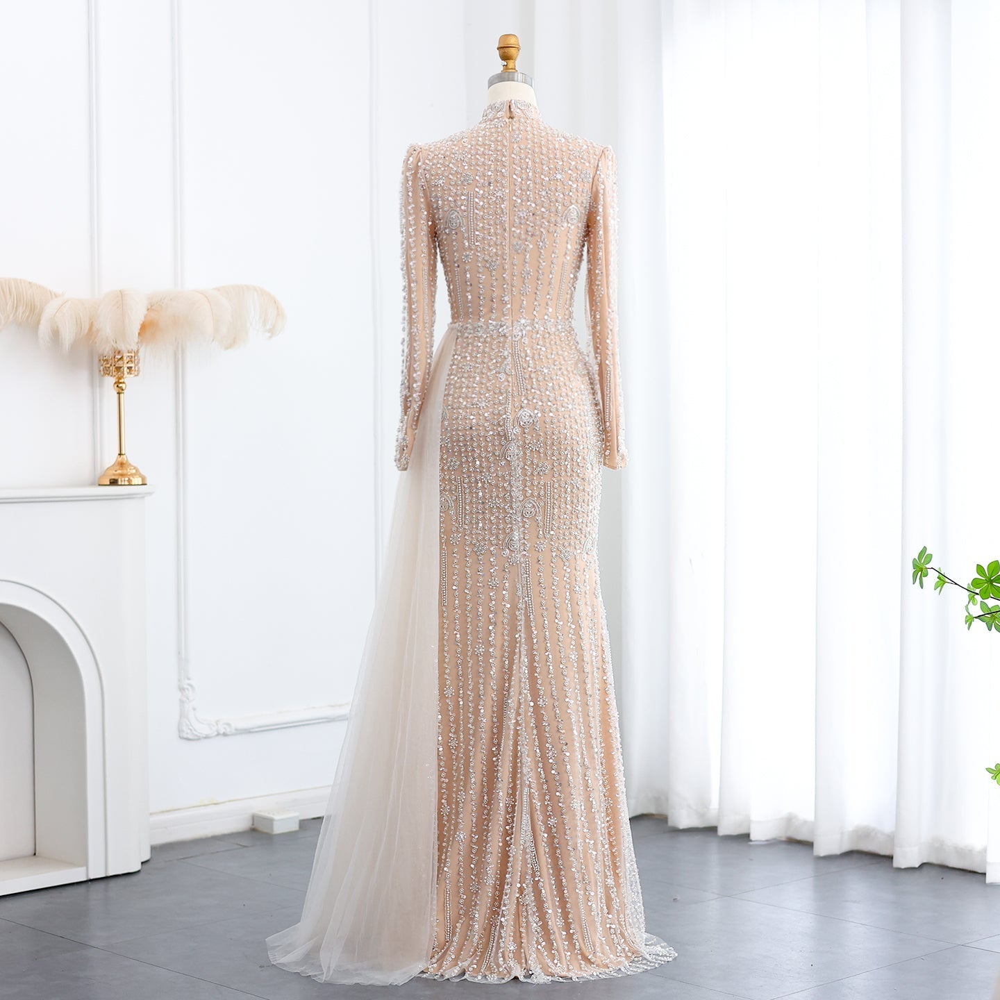 Luxury Long Sleeve Nude Evening Dress with Overskirt SS678