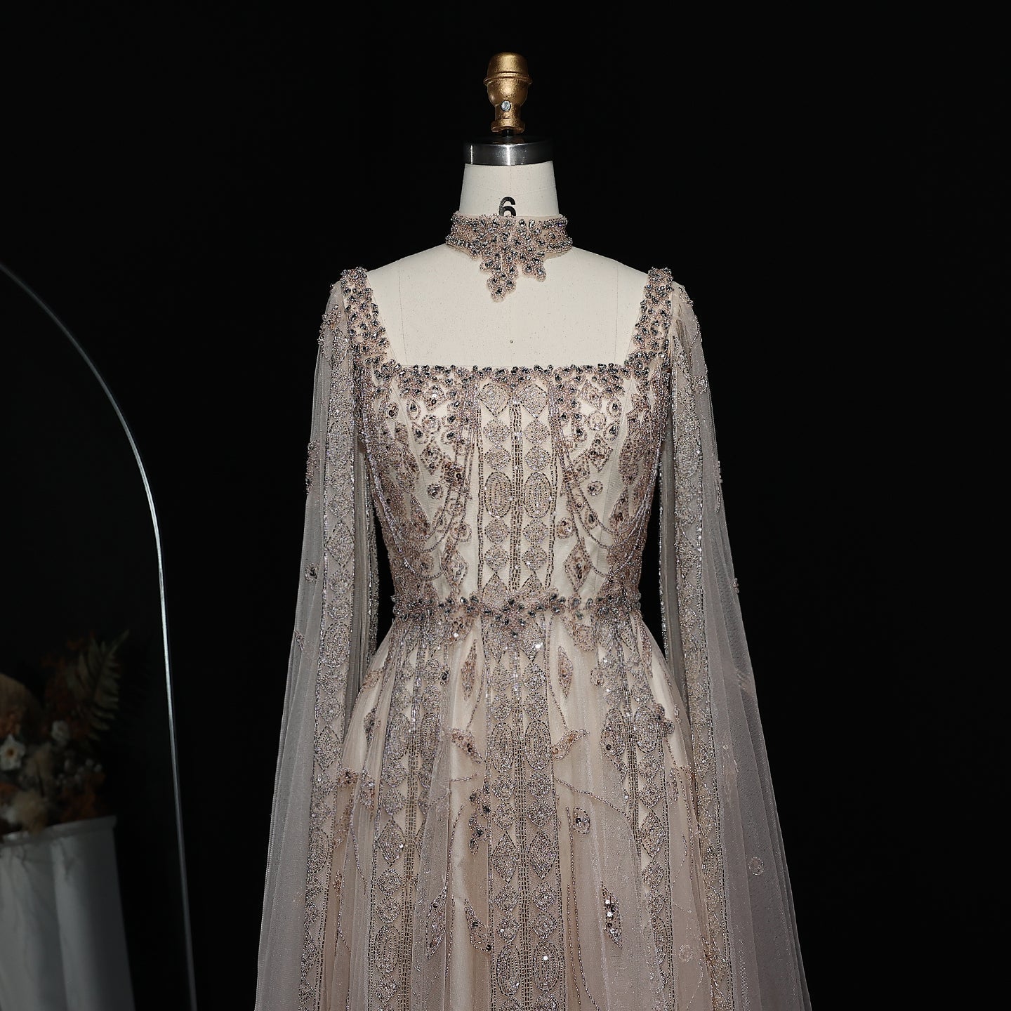 Luxury Nude Evening Dress with Cape Sleeves Chocker SS543