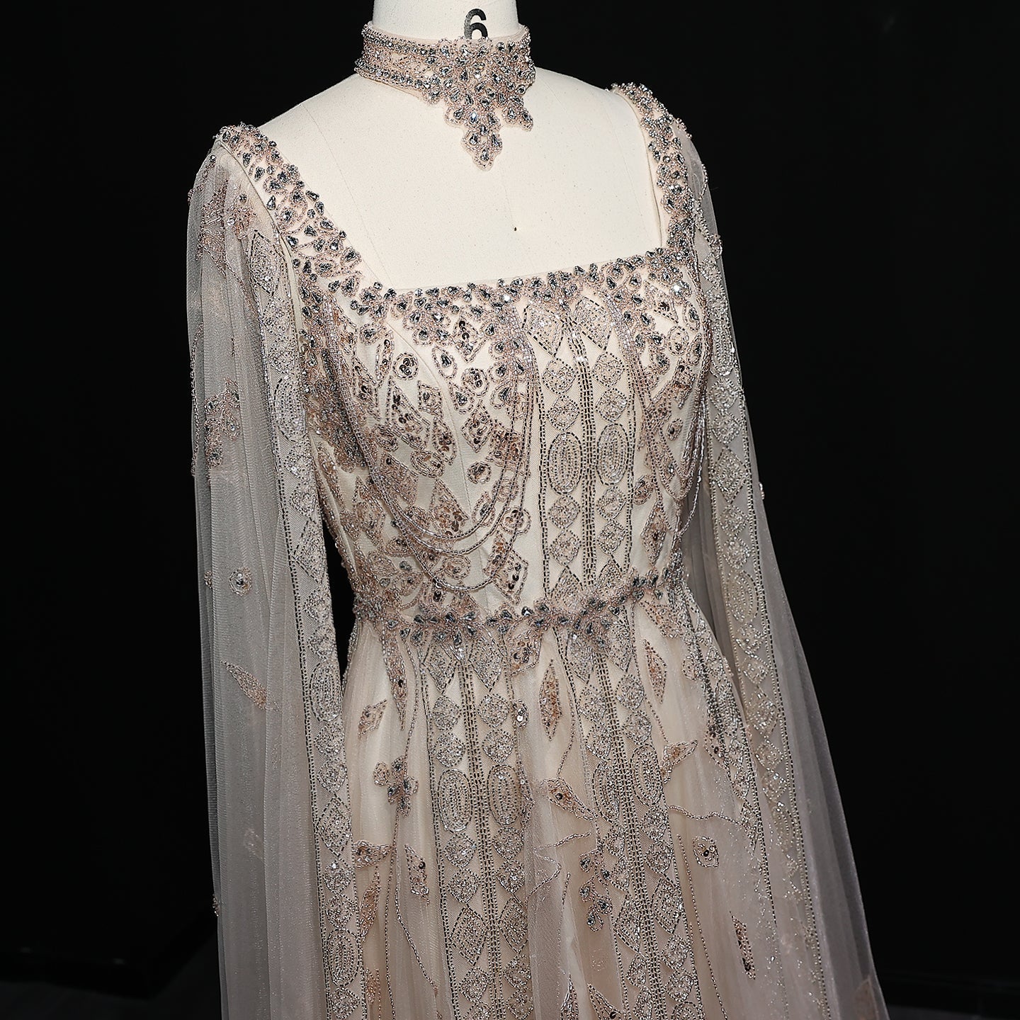 Luxury Nude Evening Dress with Cape Sleeves Chocker SS543