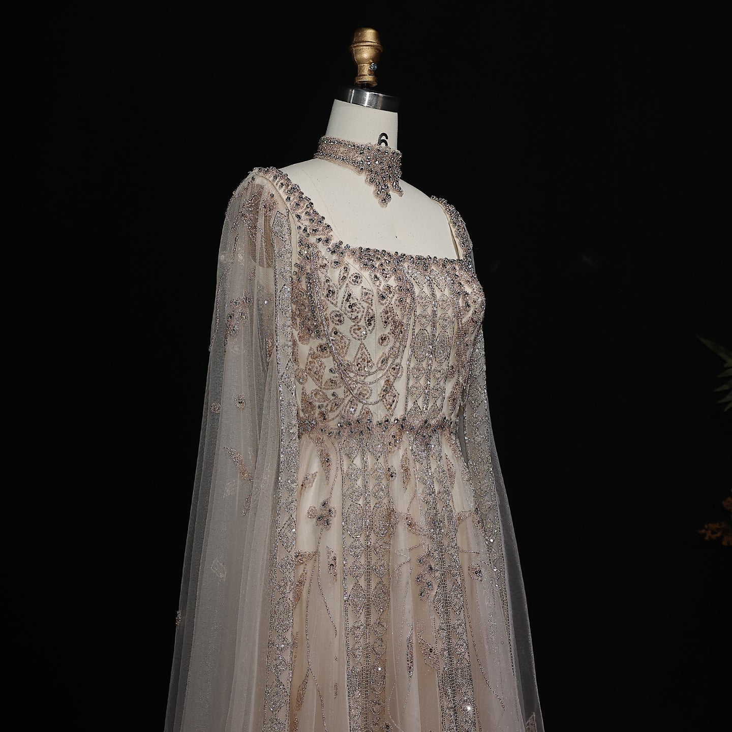 Luxury Nude Evening Dress with Cape Sleeves Chocker SS543