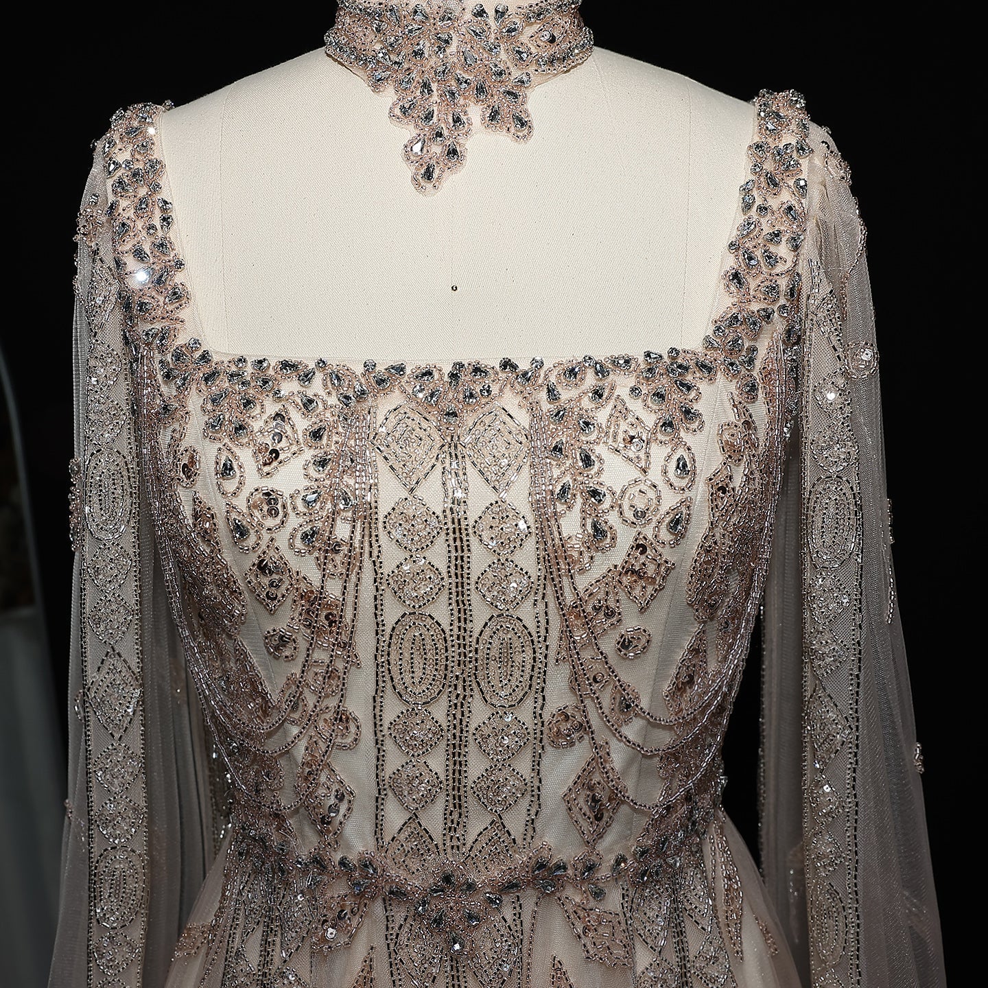 Luxury Nude Evening Dress with Cape Sleeves Chocker SS543