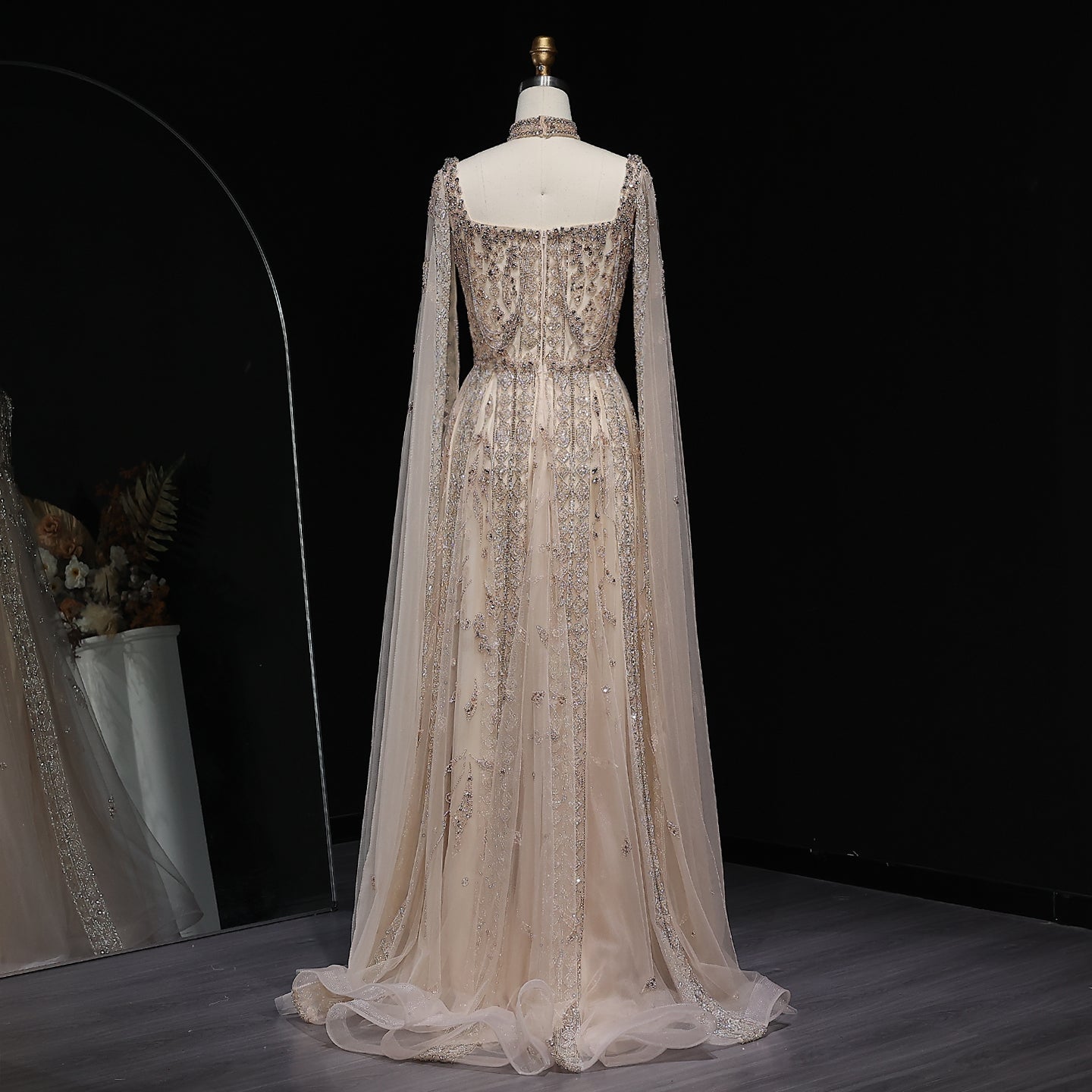 Luxury Nude Evening Dress with Cape Sleeves Chocker SS543