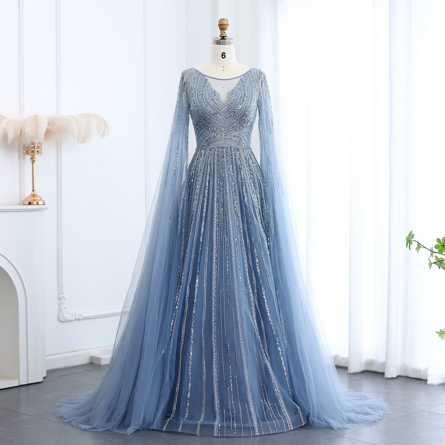 Luxury Gray Green Evening Dress with Cape Sleeves SS005  Blue / US 20