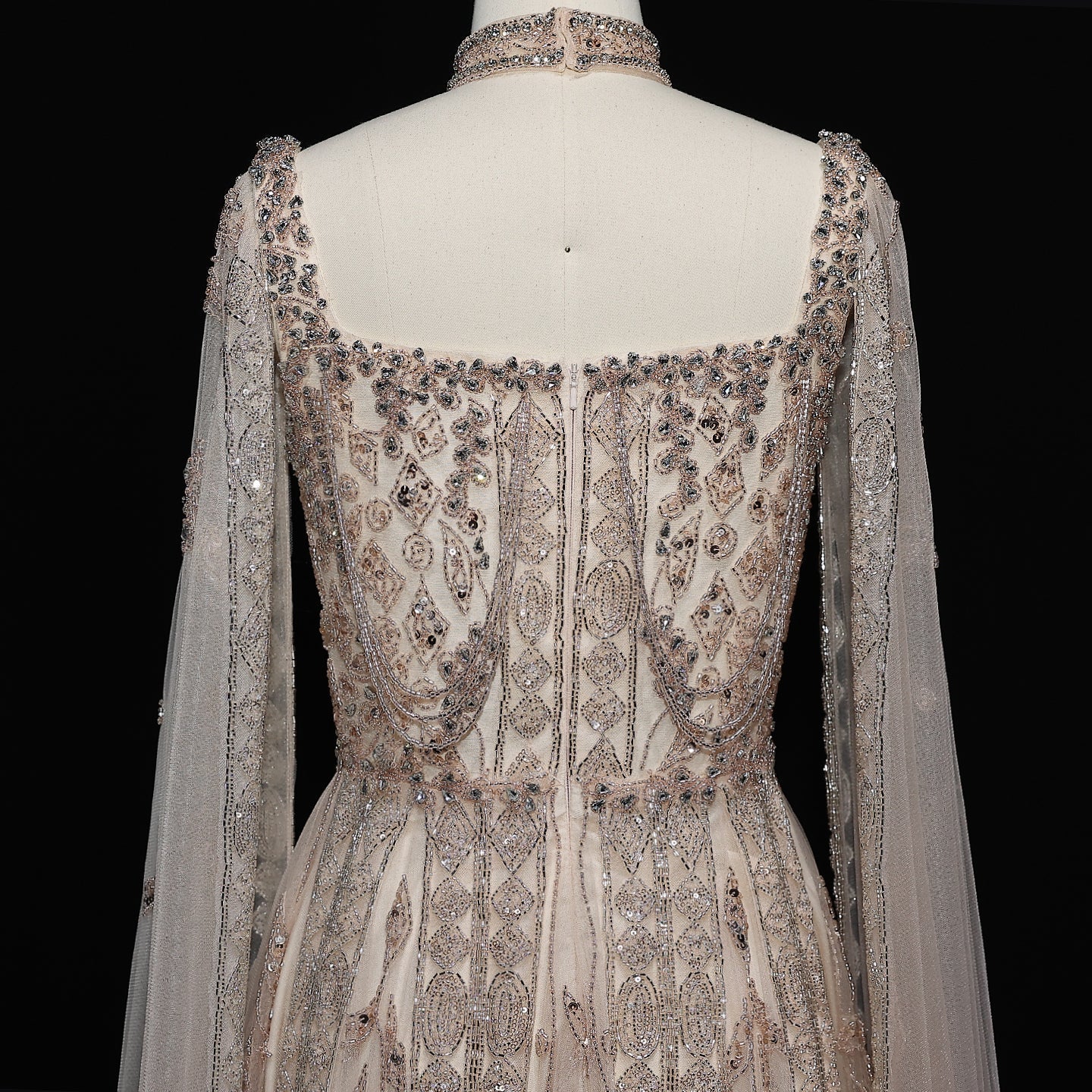 Luxury Nude Evening Dress with Cape Sleeves Chocker SS543