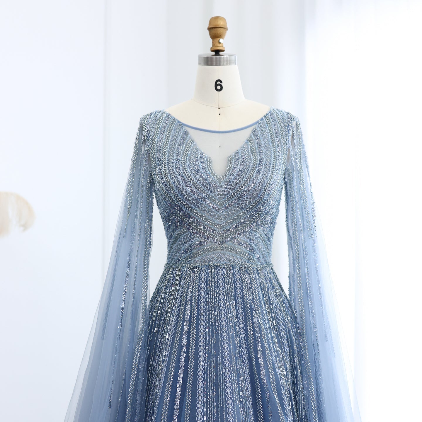 Luxury Gray Green Evening Dress with Cape Sleeves SS005