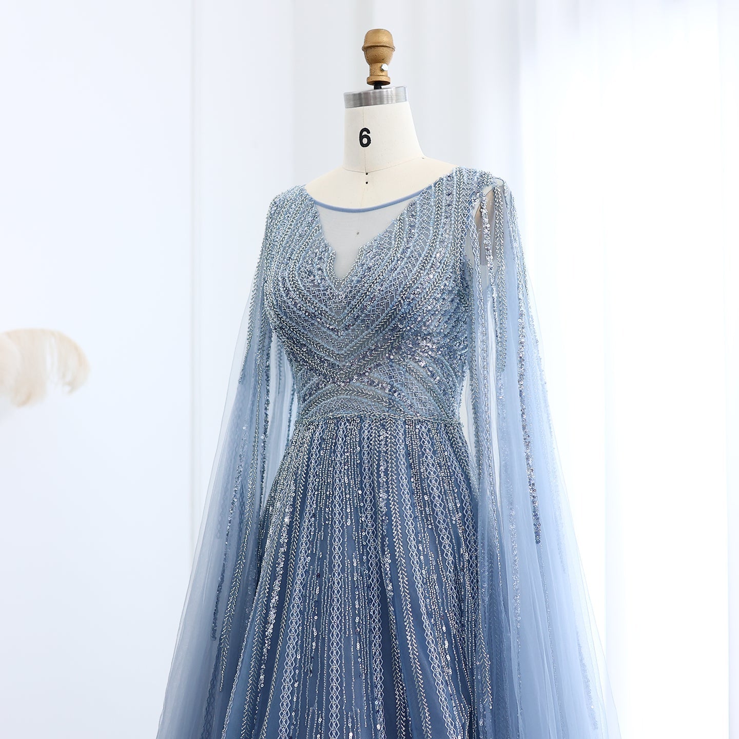 Luxury Gray Green Evening Dress with Cape Sleeves SS005