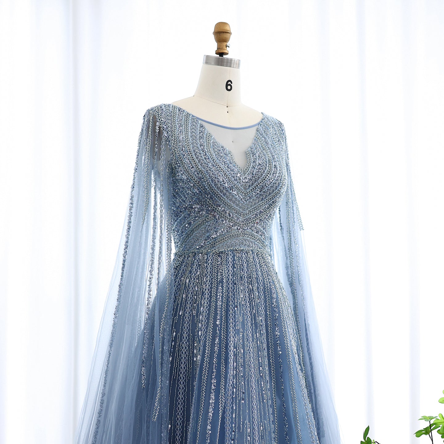 Luxury Gray Green Evening Dress with Cape Sleeves SS005